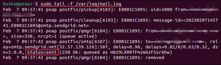 Checking the email log file in Linux.