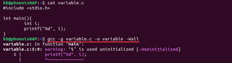 gcc -Wall uninitialized variable error terminal output