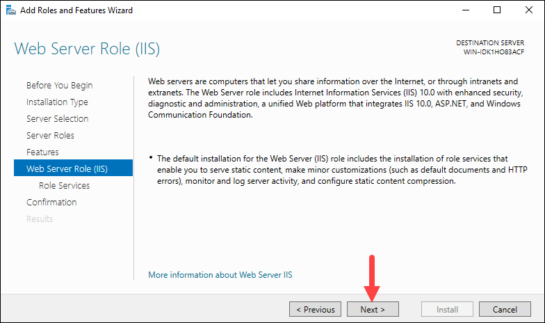 Installing the Web Server role on Windows Server OS.