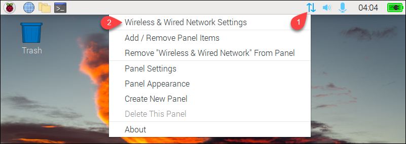 Navigating to Wireless and Wired Network Settings on Raspberry Pi.
