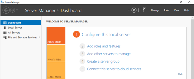Opening the server manager dashboard in Windows Server.