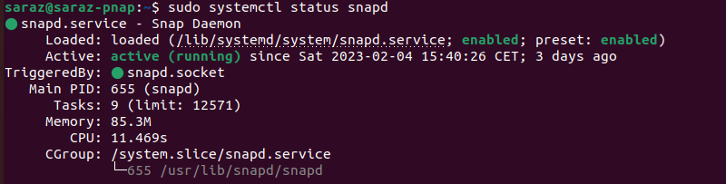 sudo systemctl status snapd terminal output