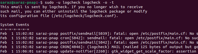 sudo -u logcheck logcheck -o -t terminal output