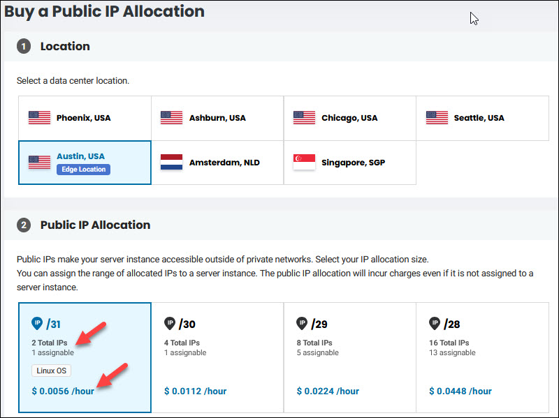 Public IP allocation billing in the BMC portal