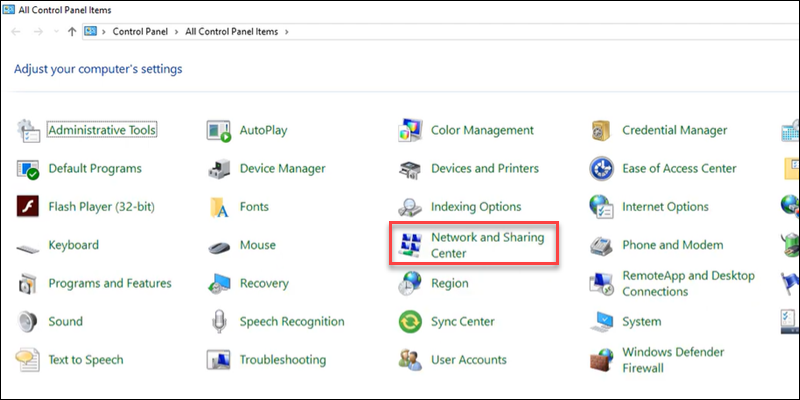 Control Panel items Network and Sharing Center
