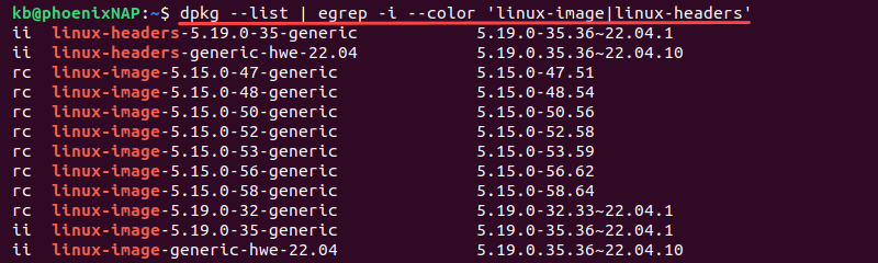 dpkg list linux-headers and linux-images terminal output