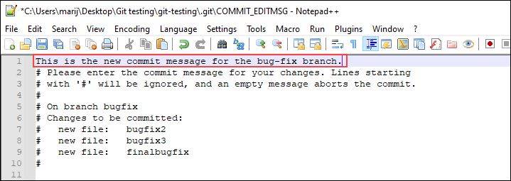 Providing a new commit message after squashing commits.