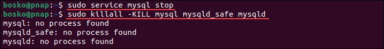 Stopping all MySQL services on Linux Ubuntu.