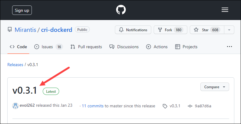 Visiting Mirantis GitHub page to check the latest version number for cri-dockerd.