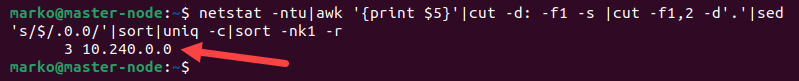 Filtering netstat command output according to a subnet.