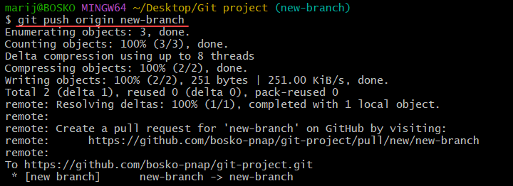 Pushing a new branch to Git remote repository.