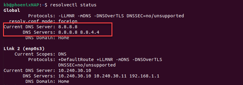 resolvectl status Google DNS servers terminal output