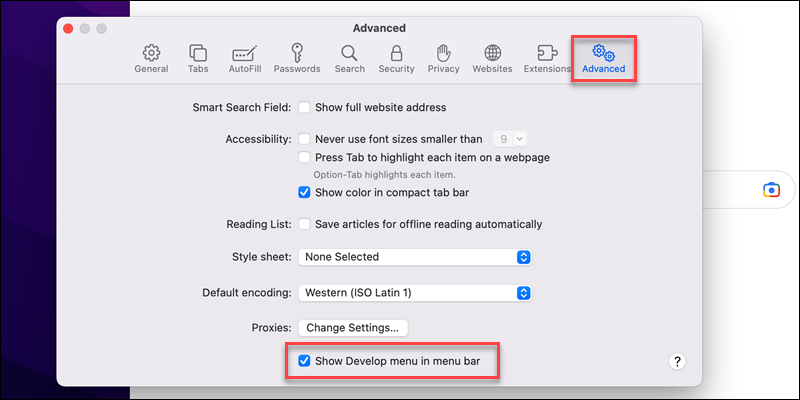Safari Show develop menu option