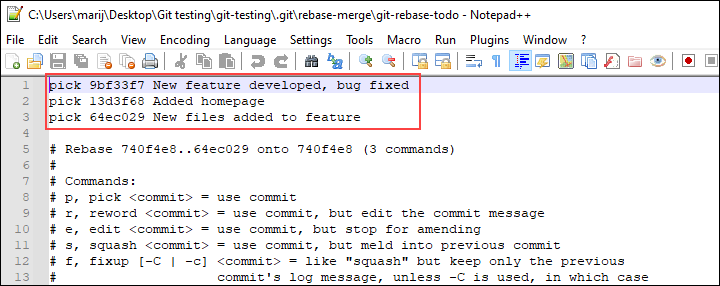 Squashing Git commits using rebase.