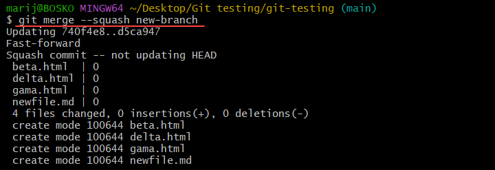 Squashing commits in Git using git merge.