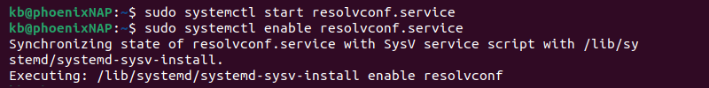 start and enable resolvconf.service terminal output