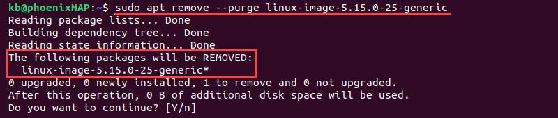 sudo apt remove --purge linux image kernel terminal output