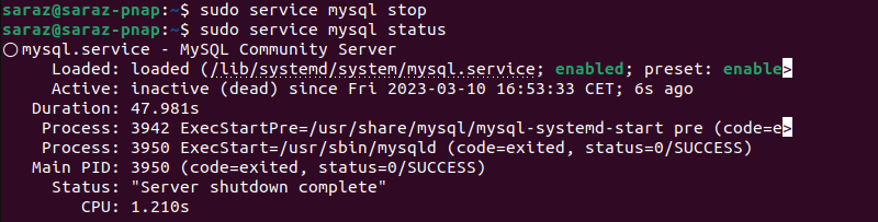 sudo service mysql stop and sudo service mysql status terminal output