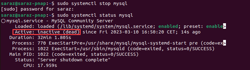 sudo systemctl stop mysql and sudo systemctl status mysql terminal output