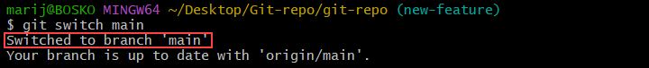 Switching to the main branch in Git.