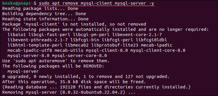 Uninstalling the MySQL server and client from Ubuntu.