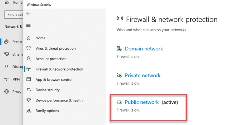 Windows firewall Public network (active)