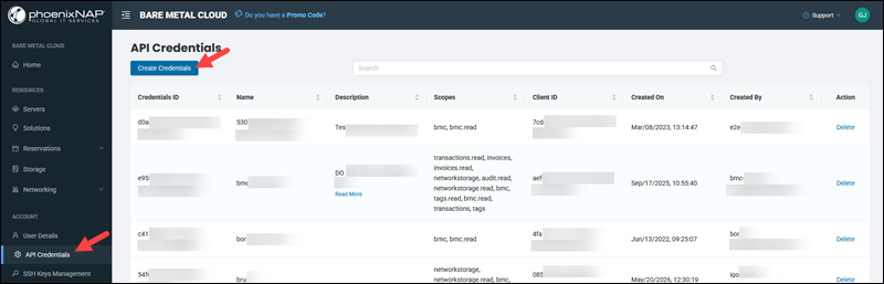 API credentials screen in the BMC portal