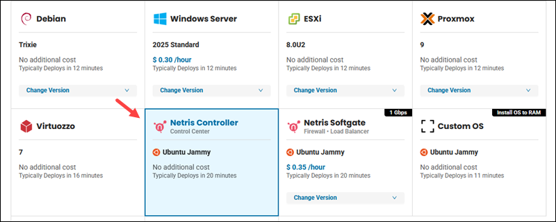 The Netris Controller OS selection in BMC portal.