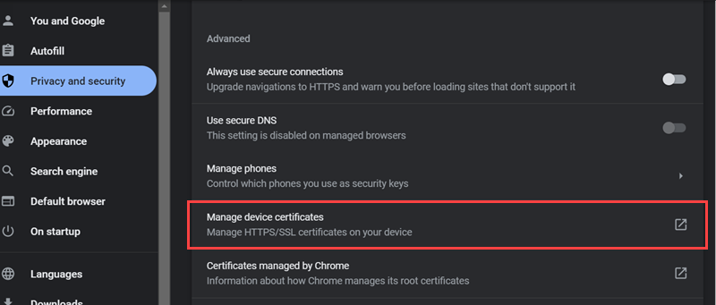 Choosing the manage device certificates option in Chrome.