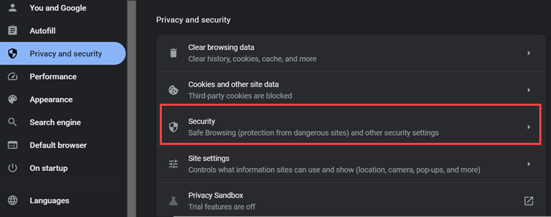 Selecting the Security tab in Chrome settings.