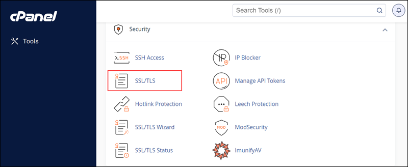 Accessing SSL/TLS settings in cPanel.