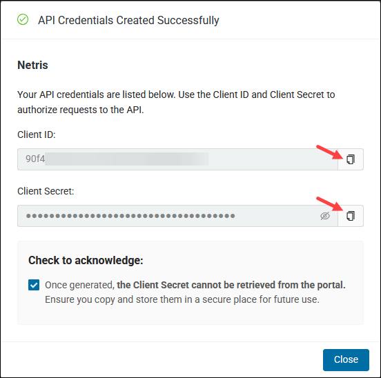 API Client ID and Client Secret confirmation window