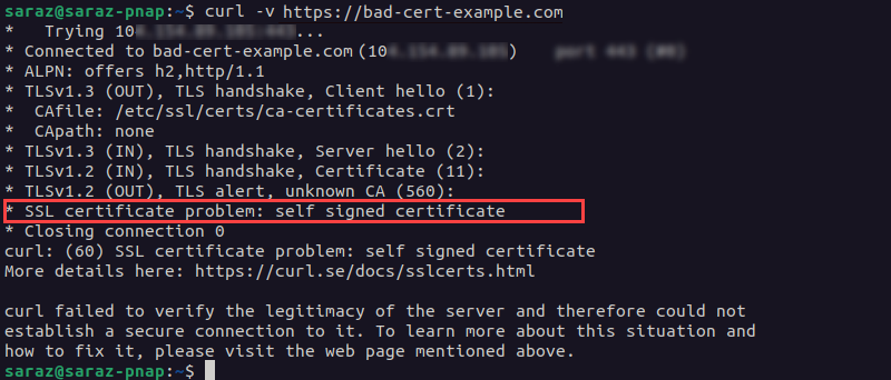 Self-signed certificate error in curl command output.