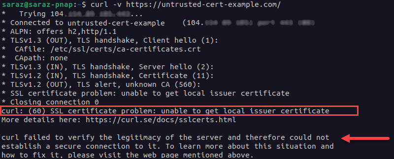 Example of an untrusted certificate in curl output.