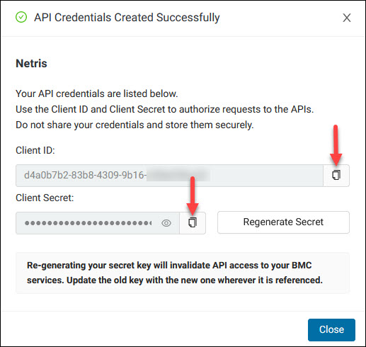 API Client ID and Client Secret confirmation window