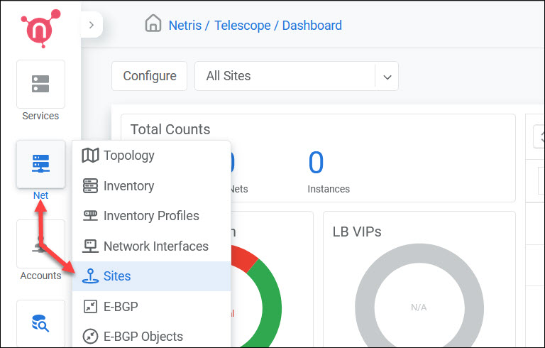 The Sites link in the Netris Dashboard 