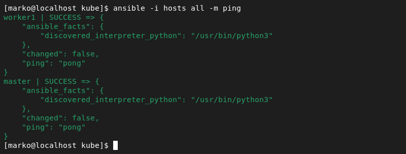 Pinging the connected hosts using Ansible.
