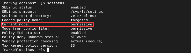 Confirming that the current mode of SELinux is set to permissive.