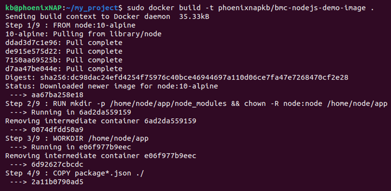 sudo docker build image terminal output