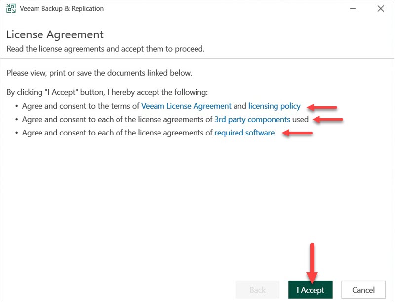 Veeam Backup & Replication License Agreement screen