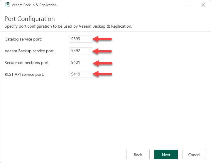 Veeam Backup & Replication port configuration step