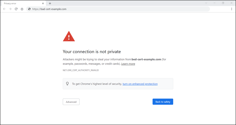 Error when accessing a website with a self-signed certificate.