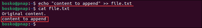 Appending text to a file in Bash using redirection.