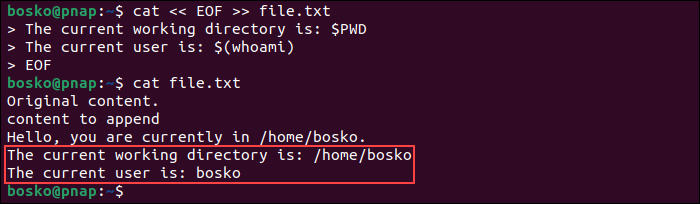 Appending text to a file in Bash using HereDoc.