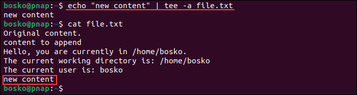 Appending text to a file in Bash through the tee command.