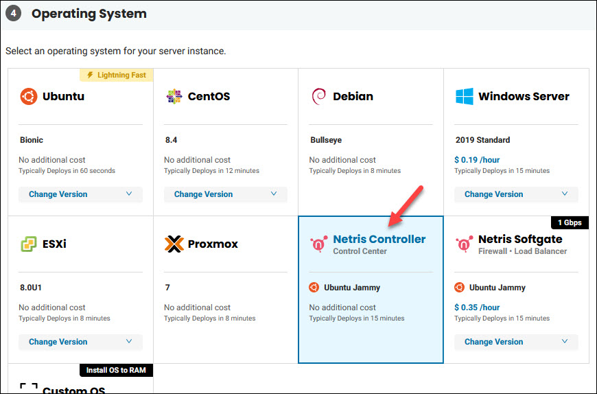 The Netris Controller OS selection in BMC portal