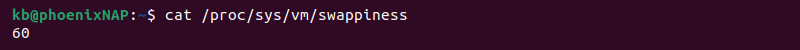 /cat/proc/sys/vm/swappiness terminal output
