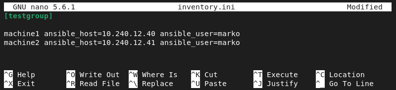 Editing the inventory file in Nano.