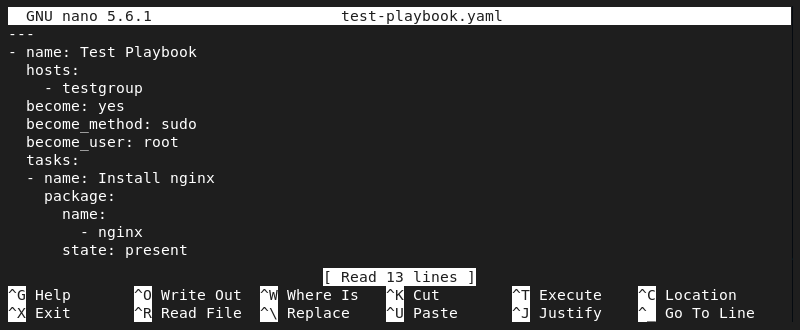 Editing test playbook YAML in Nano.