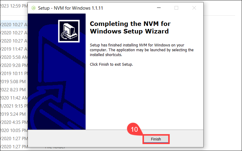 Finish nvm installation process on Windows.